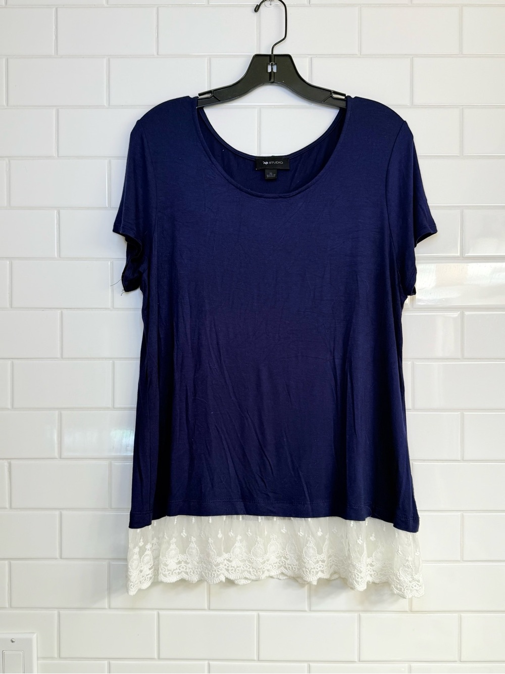 AB Studio Navy Lace Hem Tunic Top XL Boho Layered Look